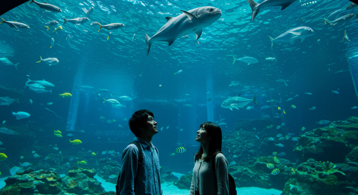 大きな水槽の前で海洋生物を見上げる若いカップル