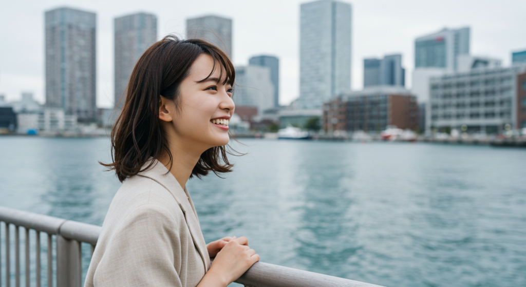 港で水辺の景色を楽しむ若い日本人女性