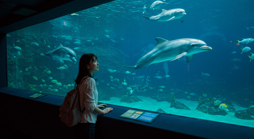 水族館の水槽前で海洋生物を眺める若い女性